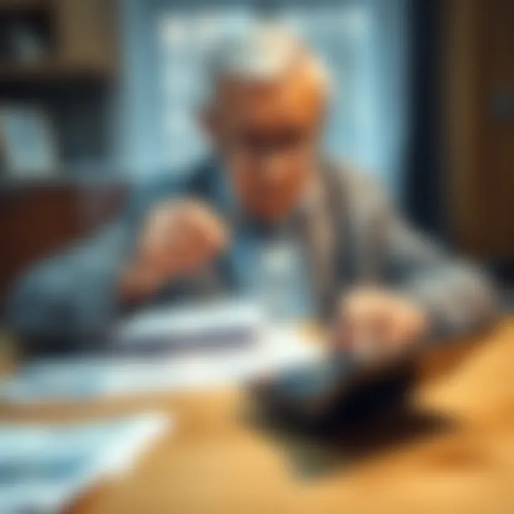 An elderly person considering retirement plans with a calculator and financial documents on the table, symbolizing the impact of private pensions on aging.