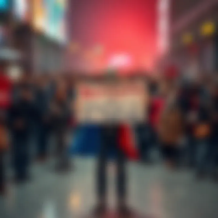 A pro-AI supporter stands in front of a crowd holding a sign calling for a boycott against controversial AI funding.
