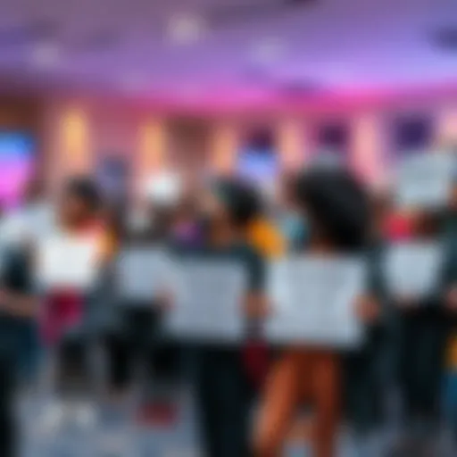 A diverse group of pro-AI advocates gathering for a discussion, holding signs for visibility and acceptance, showcasing unity and authenticity.