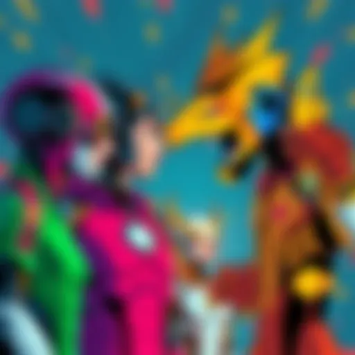 A group of colorful comic book characters representing artificial intelligence and technology, showcasing a positive interaction with humans.