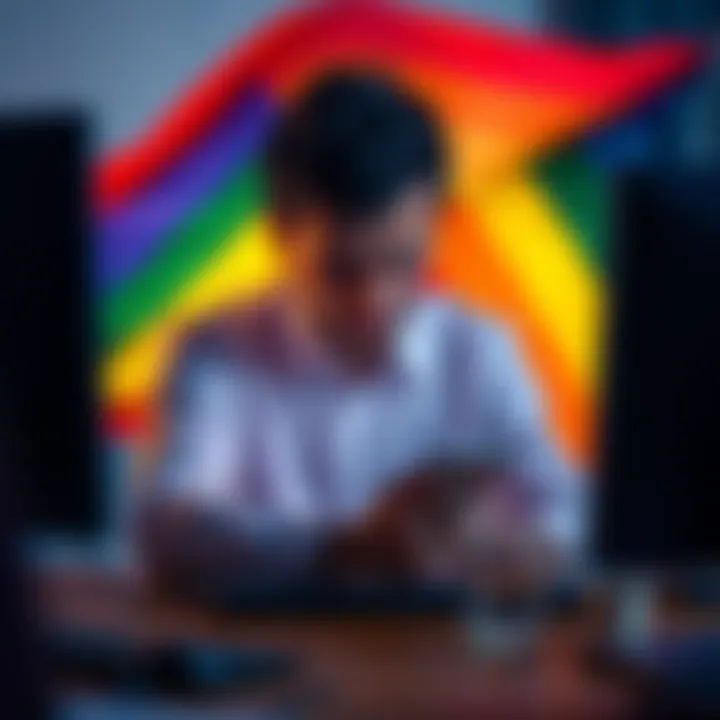 A pro-AI creator, with a rainbow flag in the background, looks distressed as they delete their account on a computer, symbolizing the impact of online bullying.