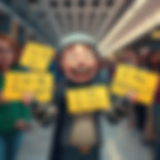 Pro-AI Arguments Illustration A cartoonish character laughing while holding silly signs that defend AI technology, with confused people in the background.