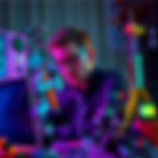 An artist focused on creating AI-generated art, surrounded by digital tools and vibrant colors, expressing creativity and emotion.