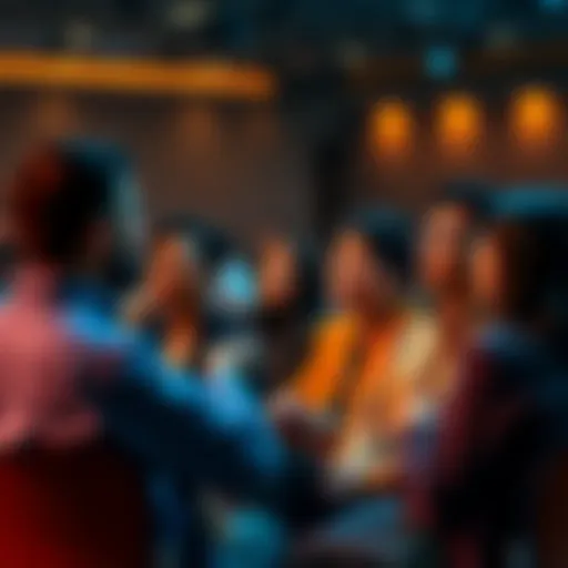 A group of diverse people discussing AI's corporate influence in a public forum setting