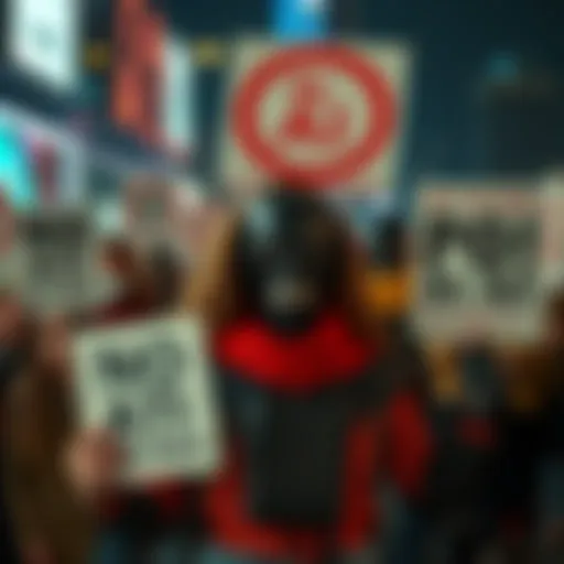 A group of people holding signs that read anti-AI slogans while secretly promoting AI technology behind them. Their expressions are deceptive, showing a contrast between their public stance and private intentions.