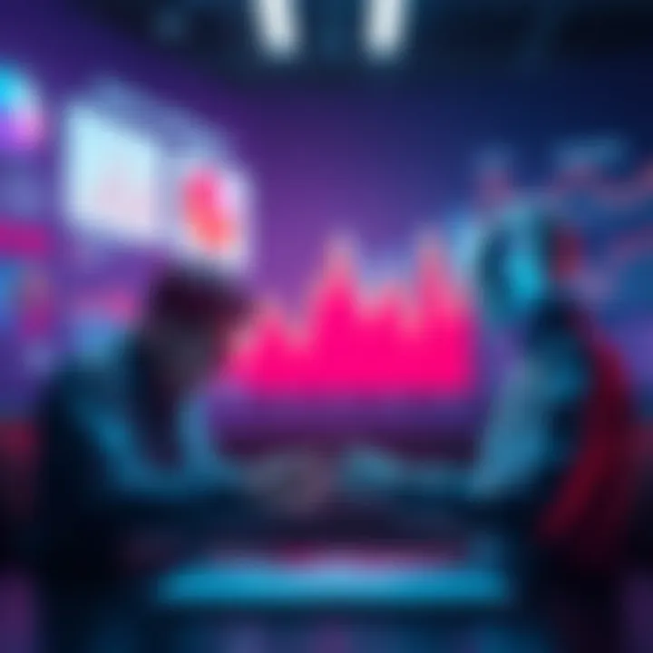 Two people discussing the pros and cons of artificial intelligence with charts and graphs in the background.