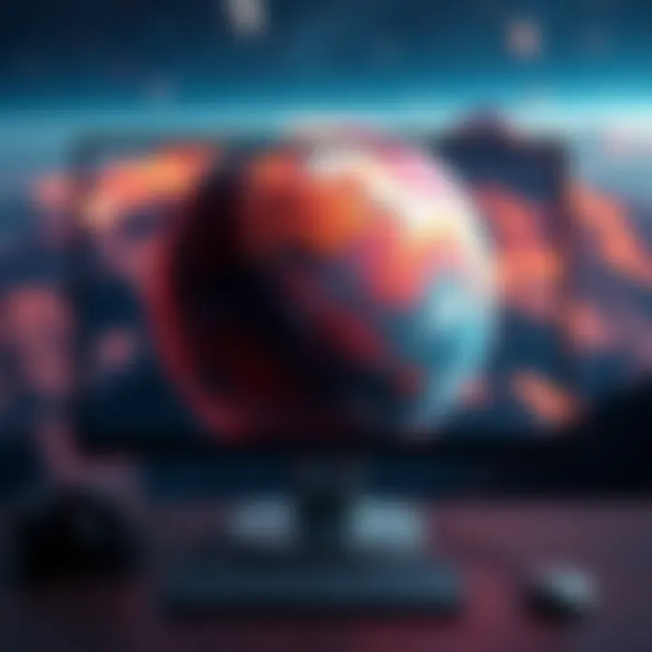 A computer screen displaying a vibrant, detailed 3D model of a planet with varied terrains and colors, showcasing procedural rendering techniques.