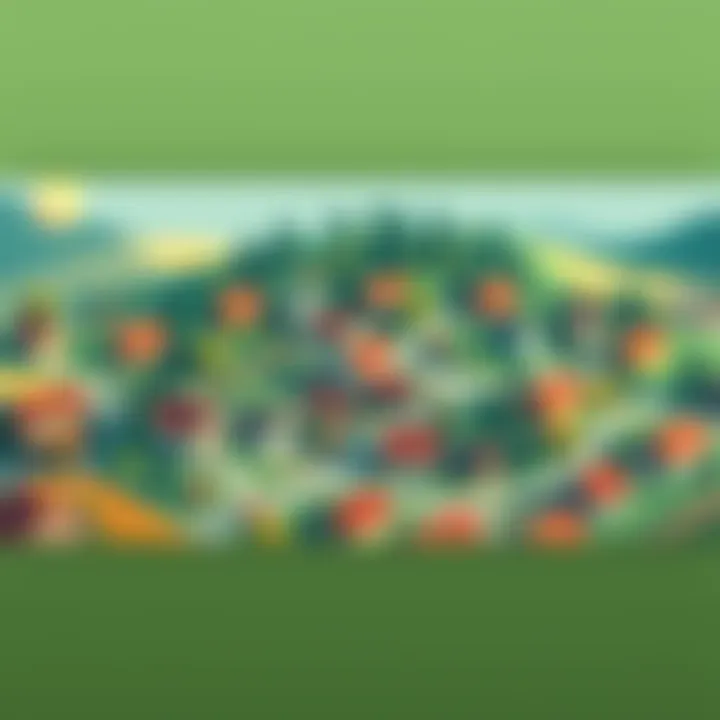 A colorful illustration of a village created with a procedural generator, showing houses, trees, and fields, inviting viewer feedback on design features.
