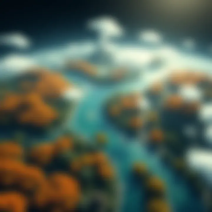 A digital illustration showing diverse biomes like forests, rivers, and towns created through procedural generation, highlighting customizable settings.
