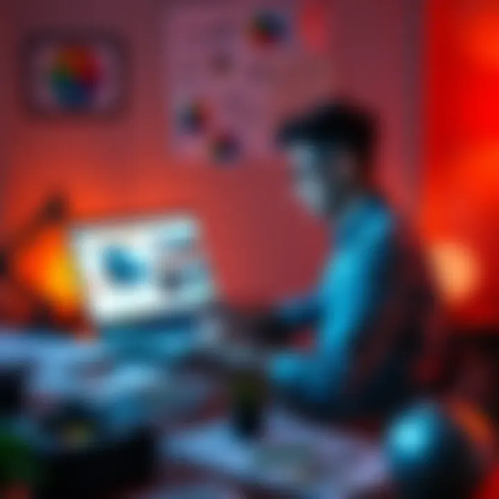 A product designer sitting at a desk, examining motion graphic requests from marketing teams on a laptop, with sketches and design tools nearby
