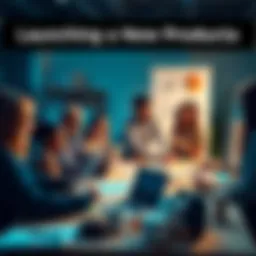 A group of diverse people brainstorming and planning a product launch, with charts and laptops on a table