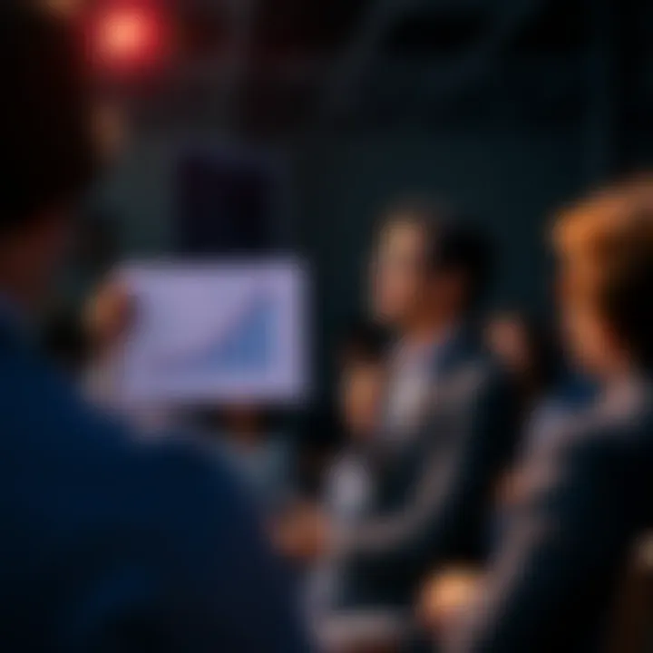 A confident professional presenting information with a chart, while an audience listens intently, showing trust in the expert's claims.