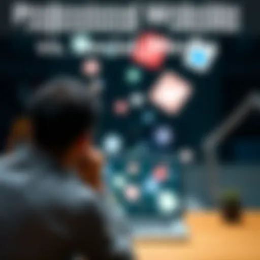 A person contemplating between a website and social media for promoting their brand, with a laptop and social media icons in the background.