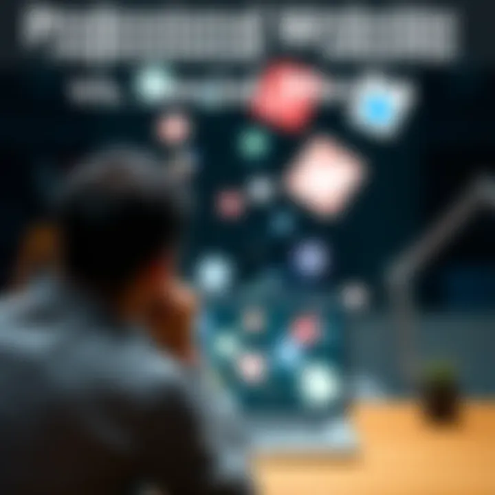 A person contemplating between a website and social media for promoting their brand, with a laptop and social media icons in the background.