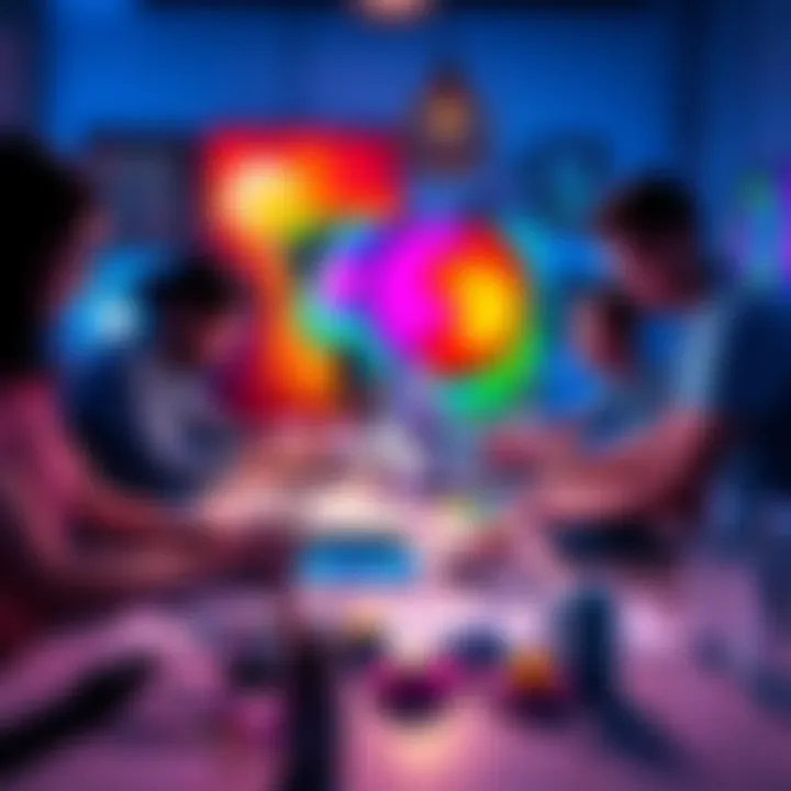 A group of artists working together on colorful capsule art designs at a table, showcasing creativity and teamwork with laptops and art supplies around them.