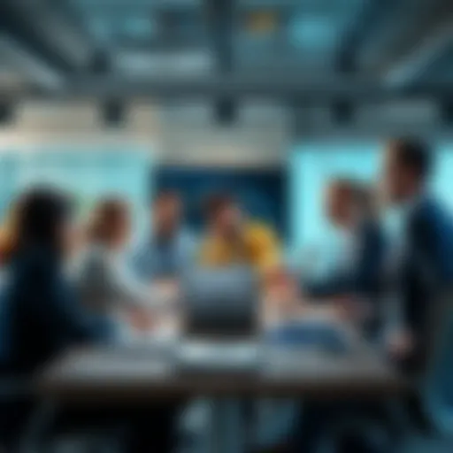 A group of diverse professionals discussing strategies in a modern office setting, emphasizing teamwork and productivity.