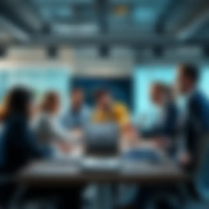 Professional Team Meeting A group of diverse professionals discussing strategies in a modern office setting, emphasizing teamwork and productivity.