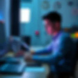 A person sits at a desk with a laptop, looking at the screen while waiting for AI-generated content, engaged in other tasks.