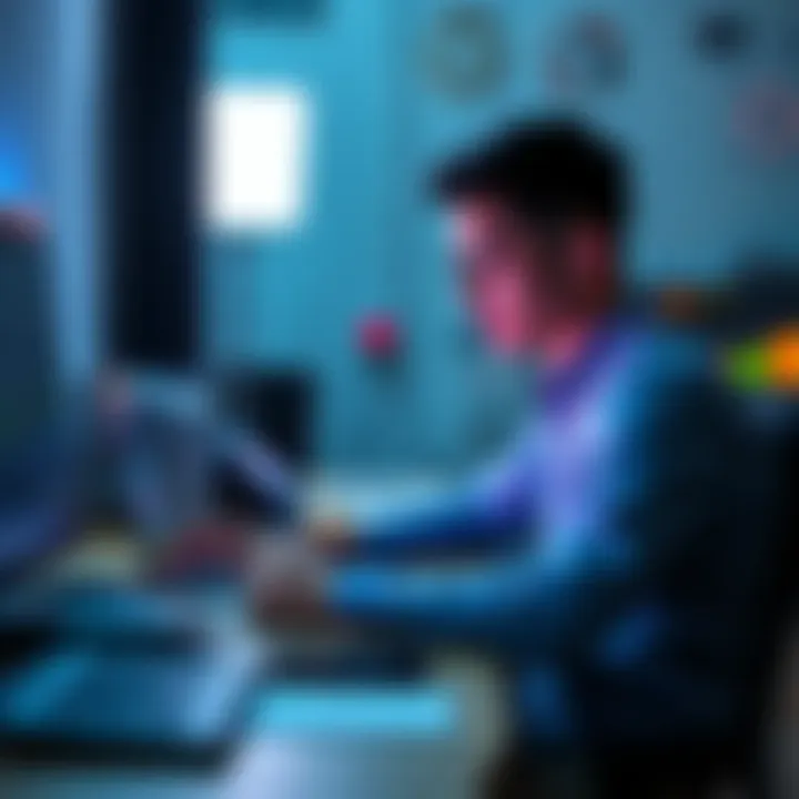 A person sits at a desk with a laptop, looking at the screen while waiting for AI-generated content, engaged in other tasks.