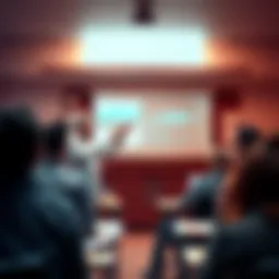 A professor standing in front of a classroom, presenting ideas about AI use to engaged students, with charts and graphs on a screen behind them