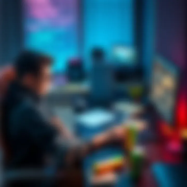 Programmer at Work A programmer sitting at a desk with a laptop, looking frustrated while working on a video game project, surrounded by notes and energy drinks.