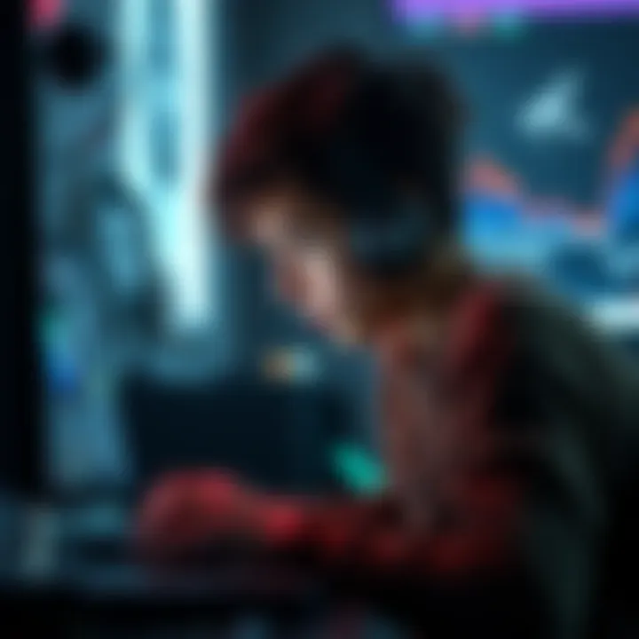 A young man focused on his computer screen, designing a horror game using the Godot engine, with dark themes and spooky elements visible on the display.