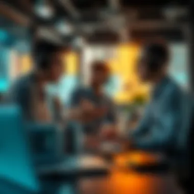 A group of programmers discussing the influence of AI technology in a modern office setting