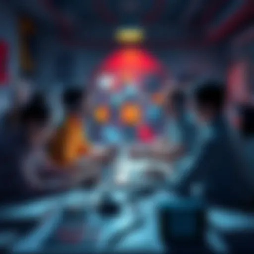 A group of programmers discussing ideas with artists, surrounded by artwork and coding materials.