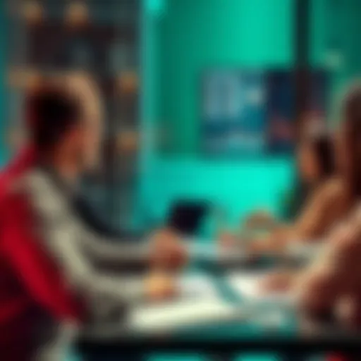 A group of people sitting around a table discussing project ideas and feedback with papers and laptops