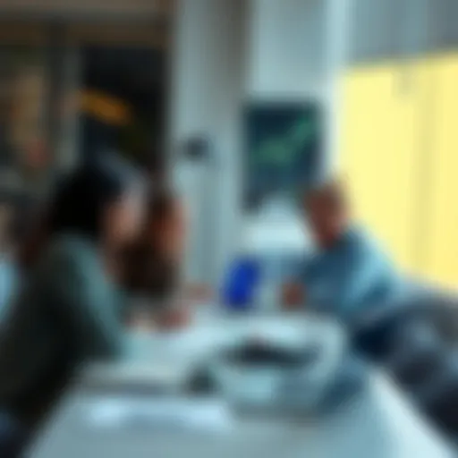 A group of people discussing project submissions and sharing feedback around a table with laptops and papers.