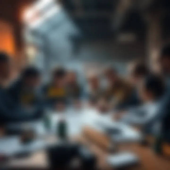 A team gathered around a table discussing plans and sketches for a revived project, with tools and blueprints visible.