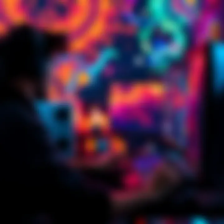 A person using a computer to generate artwork with AI, showcasing vibrant colors and abstract designs.