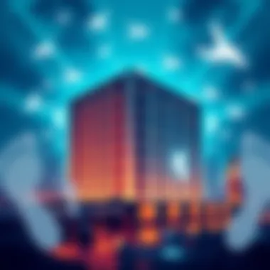 An illustration of a large data centre building in London, surrounded by carbon footprint symbols representing 27,000 flights to New York.