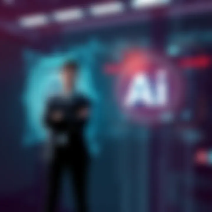 A person wearing a suit stands confidently next to a digital screen displaying artificial intelligence data, symbolizing the importance of safeguarding AI.
