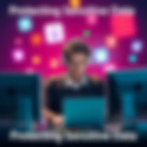 A person sitting at a computer with a worried expression, surrounded by floating icons representing data and privacy, symbolizing concerns about data security.