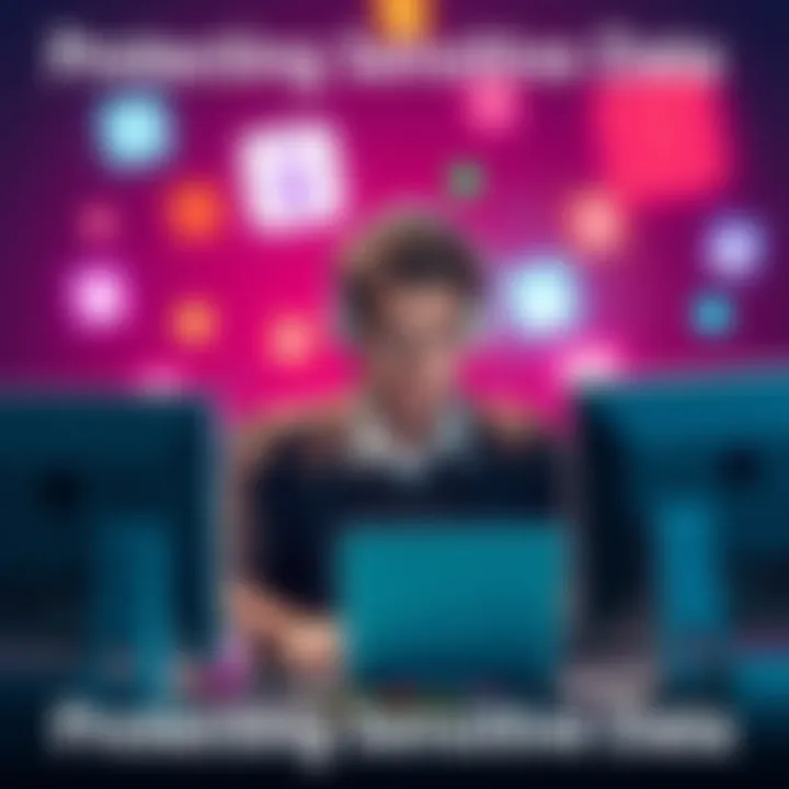 Protecting Sensitive Data A person sitting at a computer with a worried expression, surrounded by floating icons representing data and privacy, symbolizing concerns about data security.