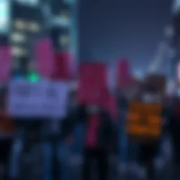 A group of people holding signs expressing concerns about artificial intelligence, standing together in a public space, showcasing a passionate protest.