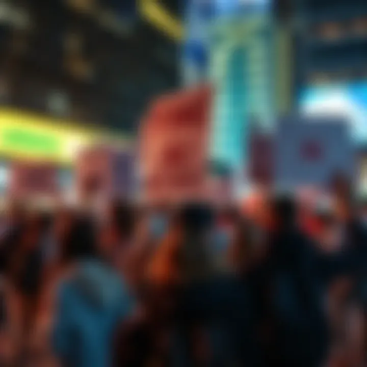 A group of people holding signs opposing artificial intelligence, expressing their concerns about its impact on society, set in a public space.