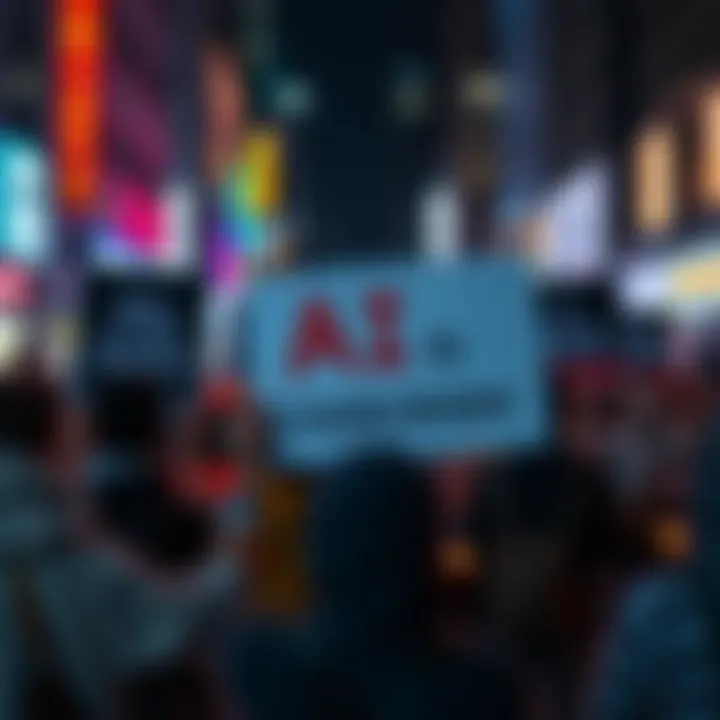 A group of people holding signs that criticize AI technology on Instagram, with one sign reading 'AI is Terrorism'. The background shows a busy city street and some data center imagery related to wate...