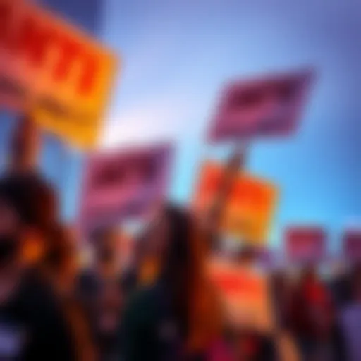 A group of people holding signs expressing anti-AI sentiments at a rally, emphasizing their concerns about AI's impact on artists.