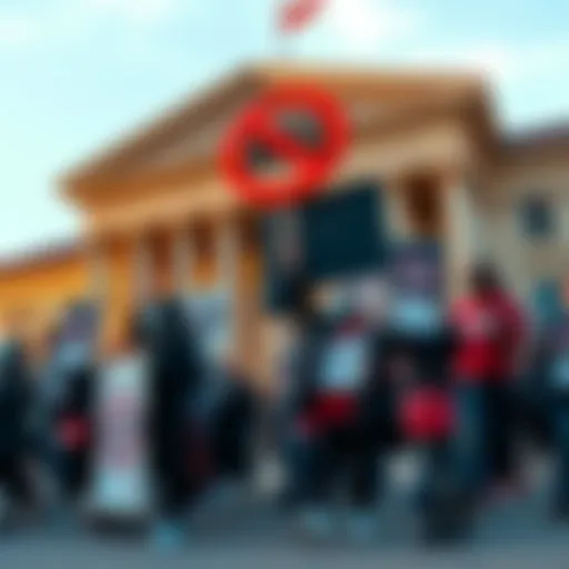 People protesting outside a government building, holding signs that call for a ban on Artificial Superintelligence due to safety concerns.