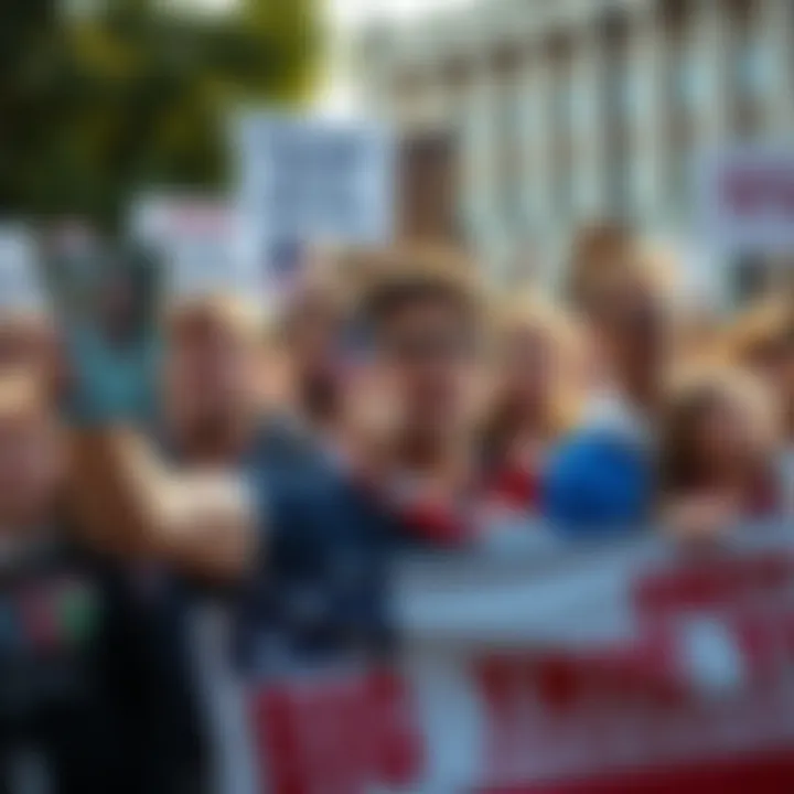 A diverse group of Americans holding signs and banners, protesting against the influence of Big Tech, with determined expressions on their faces.