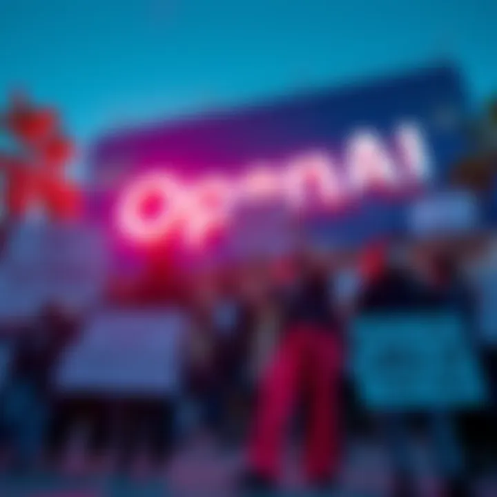 Demonstrators hold signs criticizing OpenAI's tactics in front of a tech company building