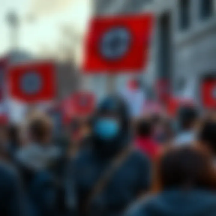 People gather holding signs to protest against the arrest of artists by AI forces, likening it to Nazi-era censorship.