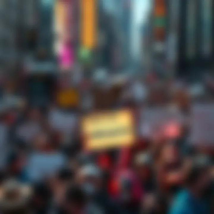 A crowd of people holding signs expressing concerns about unregulated artificial intelligence and its risks.