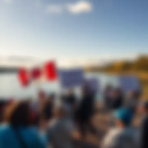 Activists holding signs demanding the original name of Lake Ontario be restored, gathered near a lake with a view of the water and trees.