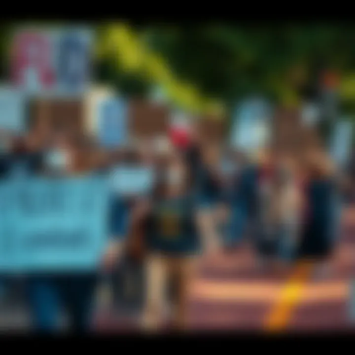 A diverse group of people holding signs and banners during a protest, expressing their views and demanding change in the community.