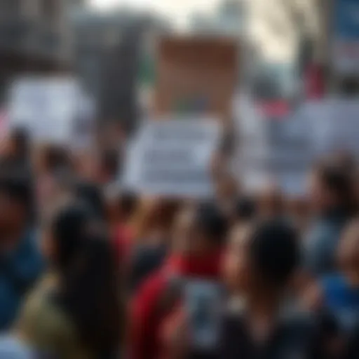 A diverse group of people at a protest rally holding signs that defend their community against violence accusations