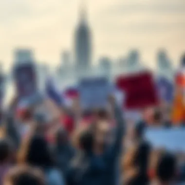 A diverse group of protesters holding up signs at a rally, expressing anti-establishment sentiments, with a city skyline in the background.