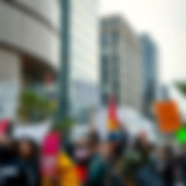 Protesters in San Francisco A group of protesters holding signs in front of a tech company building in San Francisco, demanding an end to AI advancements.